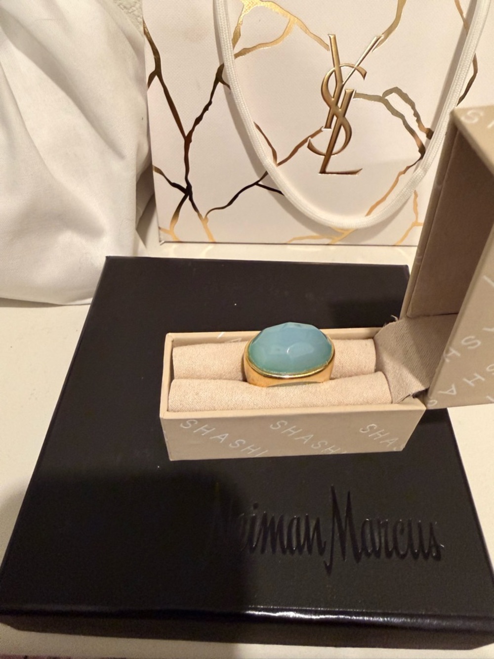 SHASHI Gold Ring with Aqua Stone Sz 8